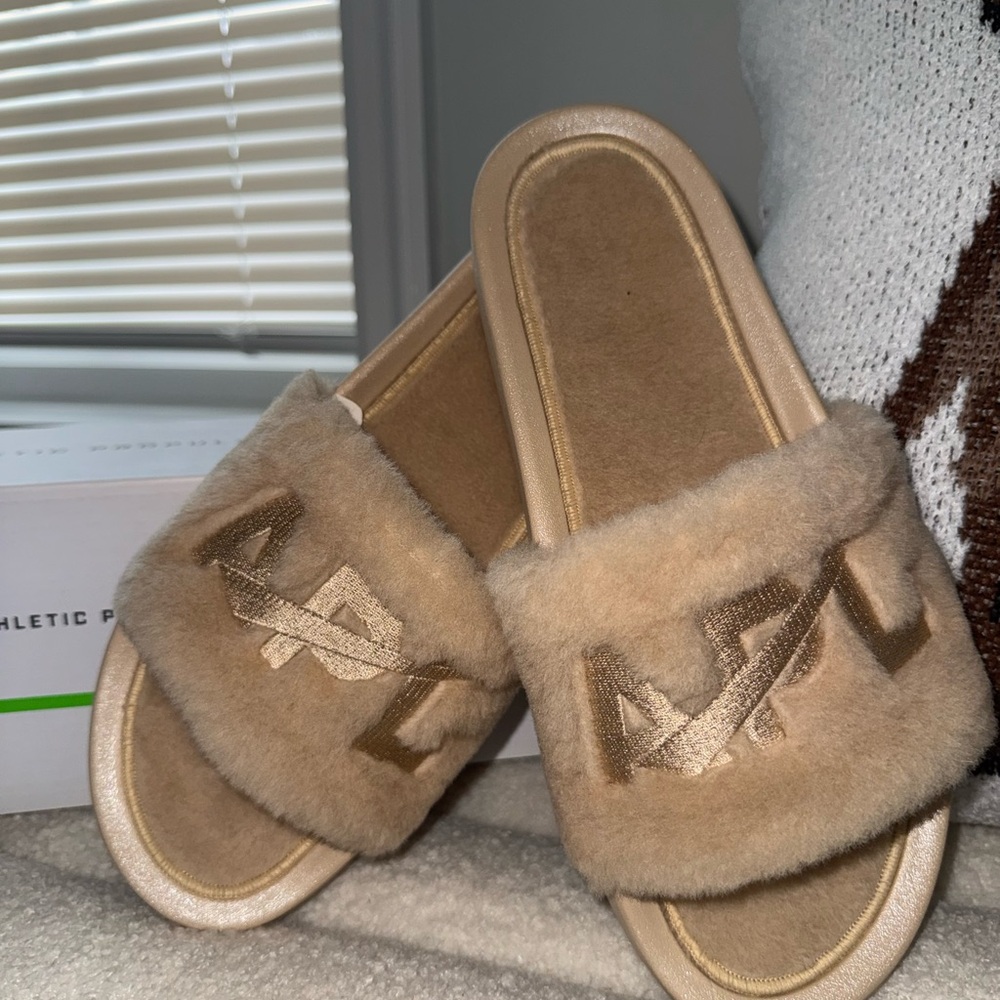 APL Tan Fuzzy Logo Slide Sandals